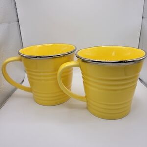 Set Of 2 Starbucks Sunny Yellow Coffee Mugs  2007  14oz w/ Metallic Rim